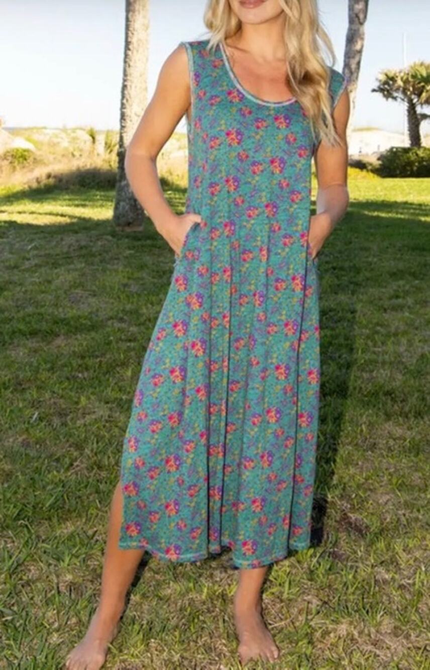 NWT Natural Life Hangout Cotton Midi Dress Teal Floral Pockets Small